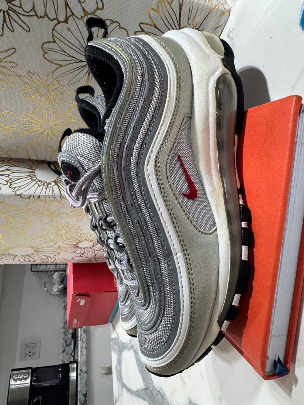 Nike Air Max 97 in Metallic Gray with Red Swoosh 885691-001